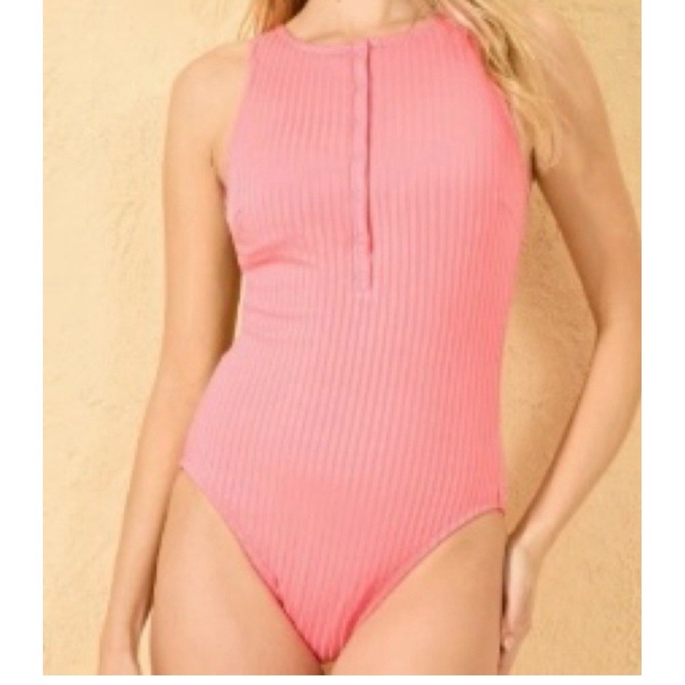 XS 0-2 Ribbed Snap Front Racer‎ Back Coral Pink One Piece Swimsuit
